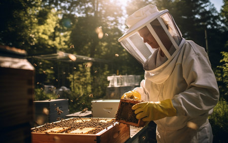 Beekeeper in protective workwear holding honeycomb outdoorsの素材