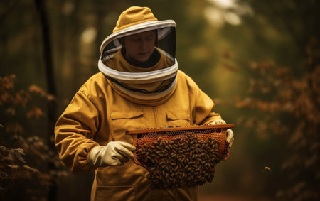 Beekeeper in protective workwear holding honeycomb outdoorsの素材