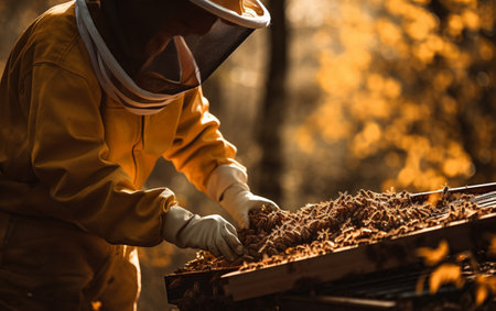 Beekeeper in protective workwear holding honeycomb outdoorsの素材