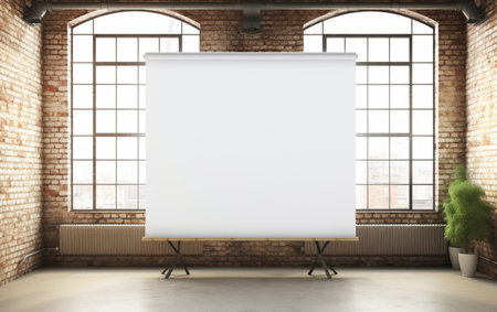 blank roll up banner display stands loft interior. Roll up blank white bannerの素材