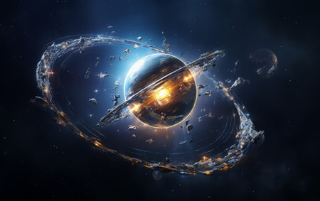 Glowing spaceship orbits sphere in deep spaceの素材