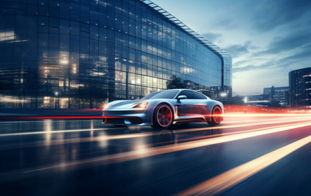 Luxury car speeds by modern building at duskの素材