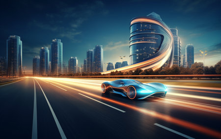 Luxury car speeds by modern building at duskの素材