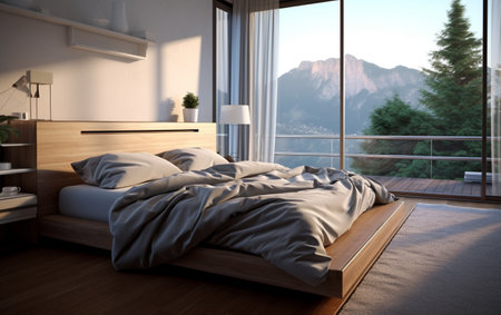 Modern apartment bedroom comfortable bed near windowの素材