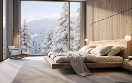 Modern apartment bedroom comfortable bed near windowの素材