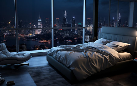 Modern apartment bedroom comfortable bed near windowの素材