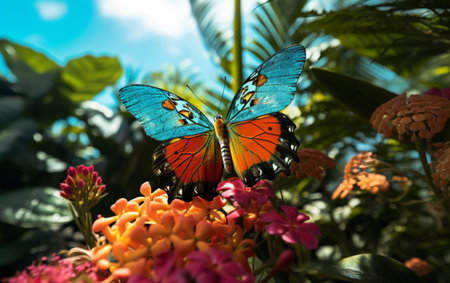 Multi colored butterfly flies among vibrant nature beautyの素材