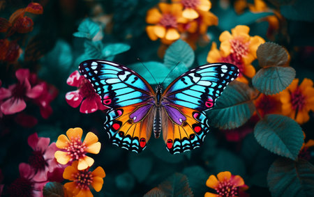 Multi colored butterfly flies among vibrant nature beautyの素材