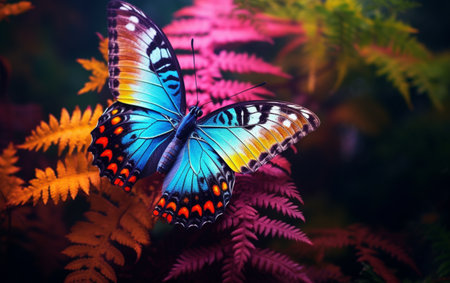Multi colored butterfly flies among vibrant nature beautyの素材