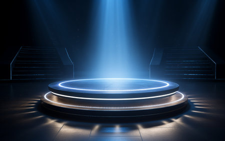 Blue digital podium with circle shine lamp on floorの素材
