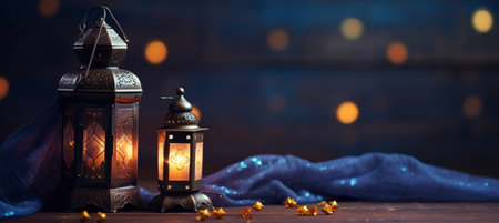 The Muslim feast of the holy month of Ramadan Kareem. Beautiful background with a shining lantern Fanus. Free space for your textの素材