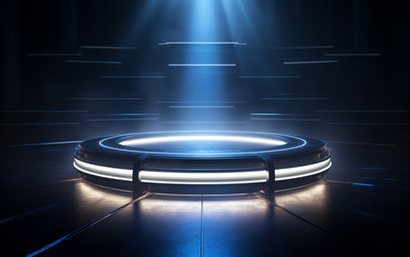 Blue digital podium with circle shine lamp on floorの素材