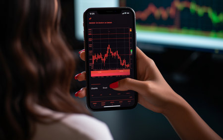 Woman is checking bitcoin price chart on digital exchange on smartphoneの素材