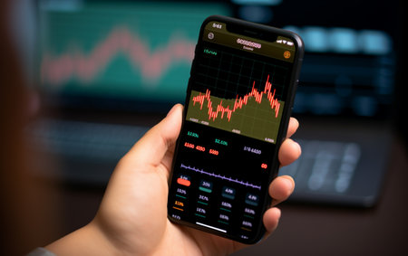 Woman is checking bitcoin price chart on digital exchange on smartphoneの素材
