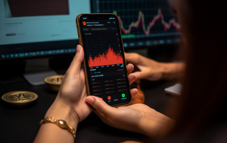 Woman is checking bitcoin price chart on digital exchange on smartphoneの素材