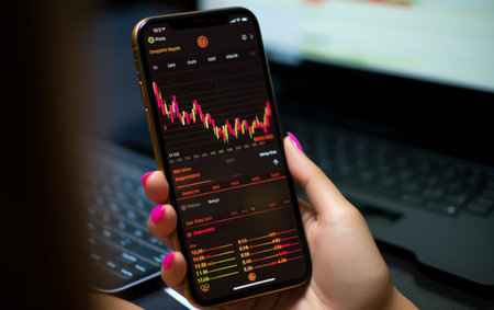 Woman is checking bitcoin price chart on digital exchange on smartphoneの素材