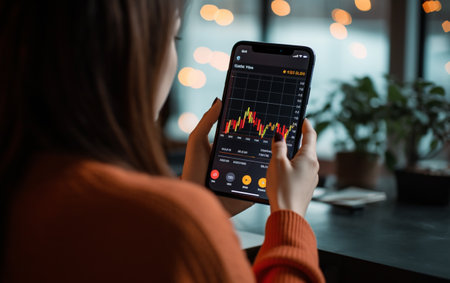 Woman is checking bitcoin price chart on digital exchange on smartphoneの素材