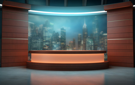 3D Virtual TV Studio News, Backdrop For TV Shows .TV On Wall.3D Virtual News Studio Background,3d illustrationの素材