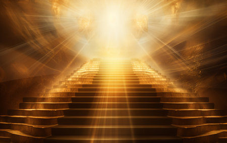 Abstract golden light rays scene with stairsの素材