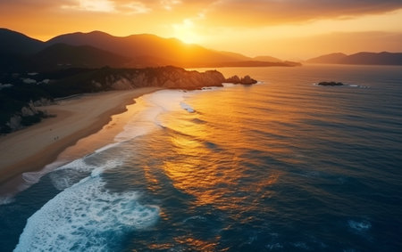 Aerial beautiful shot of a seashore with hills on the background at sunsetの素材