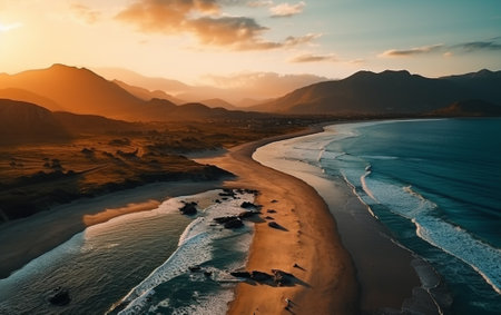 Aerial beautiful shot of a seashore with hills on the background at sunsetの素材