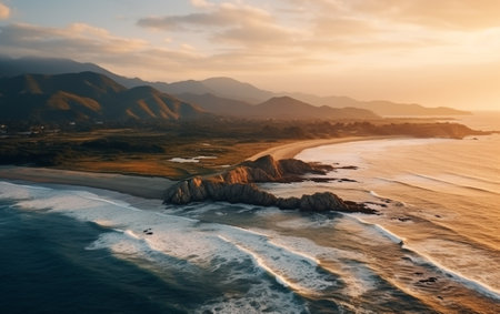 Aerial beautiful shot of a seashore with hills on the background at sunsetの素材