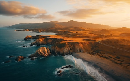 Aerial beautiful shot of a seashore with hills on the background at sunsetの素材