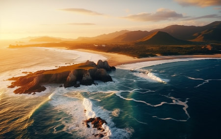 Aerial beautiful shot of a seashore with hills on the background at sunsetの素材