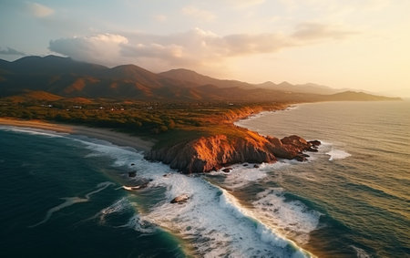 Aerial beautiful shot of a seashore with hills on the background at sunsetの素材