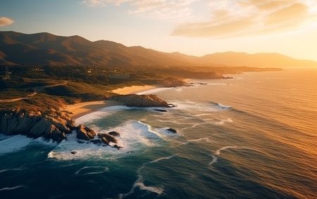 Aerial beautiful shot of a seashore with hills on the background at sunsetの素材