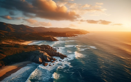 Aerial beautiful shot of a seashore with hills on the background at sunsetの素材