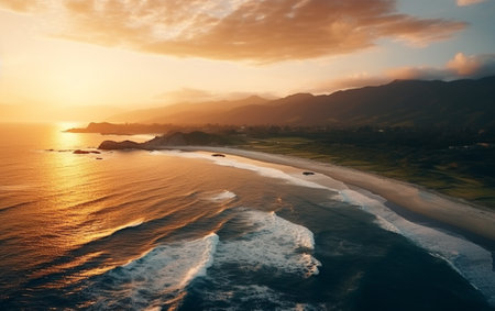 Aerial beautiful shot of a seashore with hills on the background at sunsetの素材