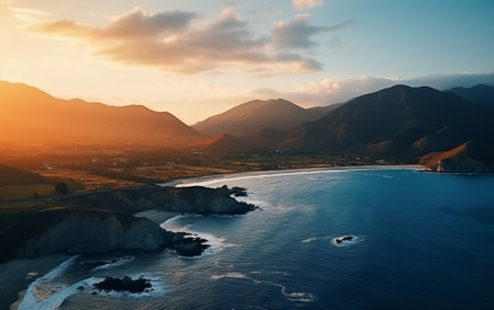 Aerial beautiful shot of a seashore with hills on the background at sunsetの素材