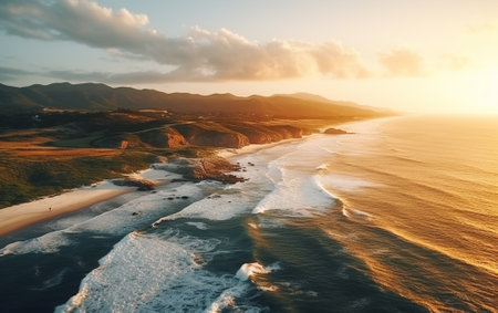 Aerial beautiful shot of a seashore with hills on the background at sunsetの素材