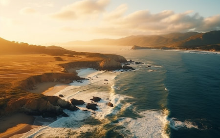 Aerial beautiful shot of a seashore with hills on the background at sunsetの素材