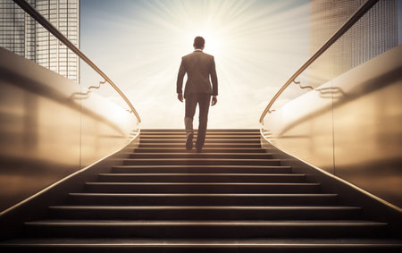 Ambitious business man climbing stairs to successの素材