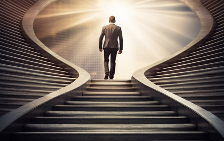 Ambitious business man climbing stairs to successの素材