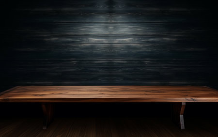 An empty wooden table for presentation with a dark background and isolated recessed lightingの素材