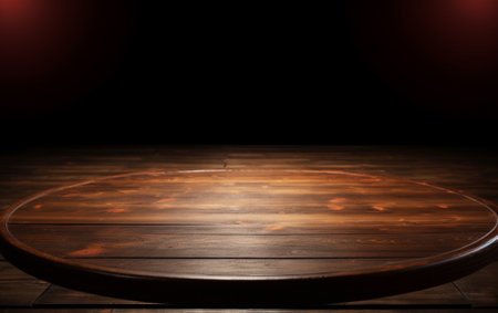 An empty wooden table for presentation with a dark background and isolated recessed lightingの素材