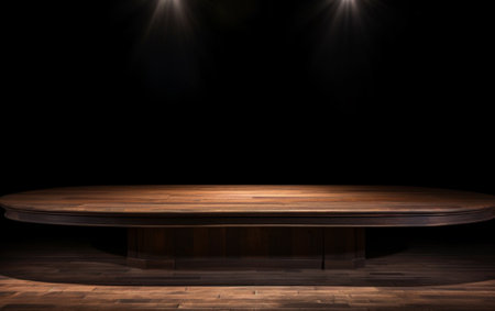 An empty wooden table for presentation with a dark background and isolated recessed lightingの素材