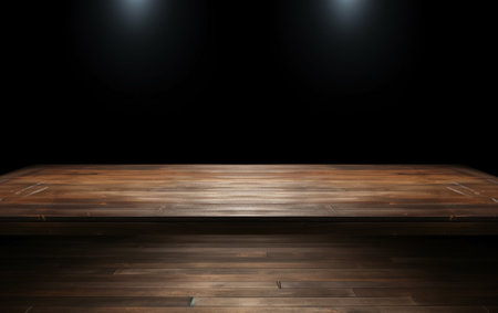 An empty wooden table for presentation with a dark background and isolated recessed lightingの素材
