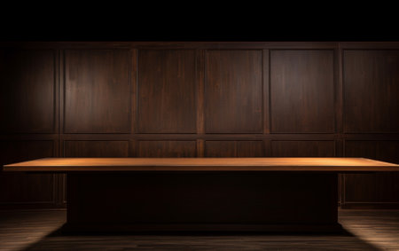 An empty wooden table for presentation with a dark background and isolated recessed lightingの素材