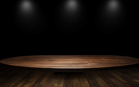 An empty wooden table for presentation with a dark background and isolated recessed lightingの素材