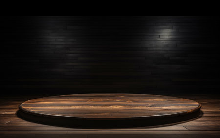 An empty wooden table for presentation with a dark background and isolated recessed lightingの素材