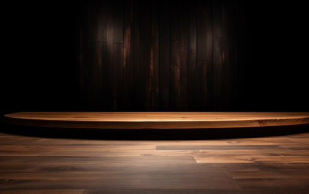 An empty wooden table for presentation with a dark background and isolated recessed lightingの素材