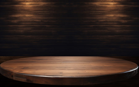 An empty wooden table for presentation with a dark background and isolated recessed lightingの素材