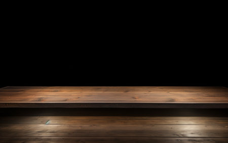 An empty wooden table for presentation with a dark background and isolated recessed lightingの素材