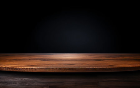 An empty wooden table for presentation with a dark background and isolated recessed lightingの素材