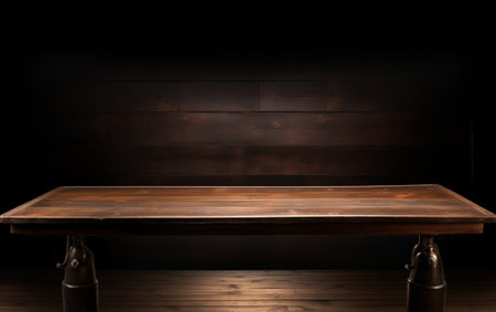 An empty wooden table for presentation with a dark background and isolated recessed lightingの素材