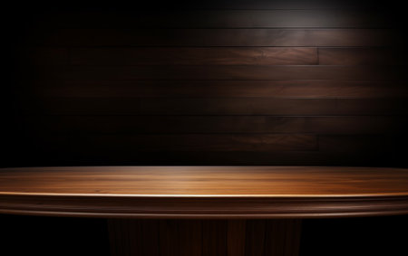 An empty wooden table for presentation with a dark background and isolated recessed lightingの素材